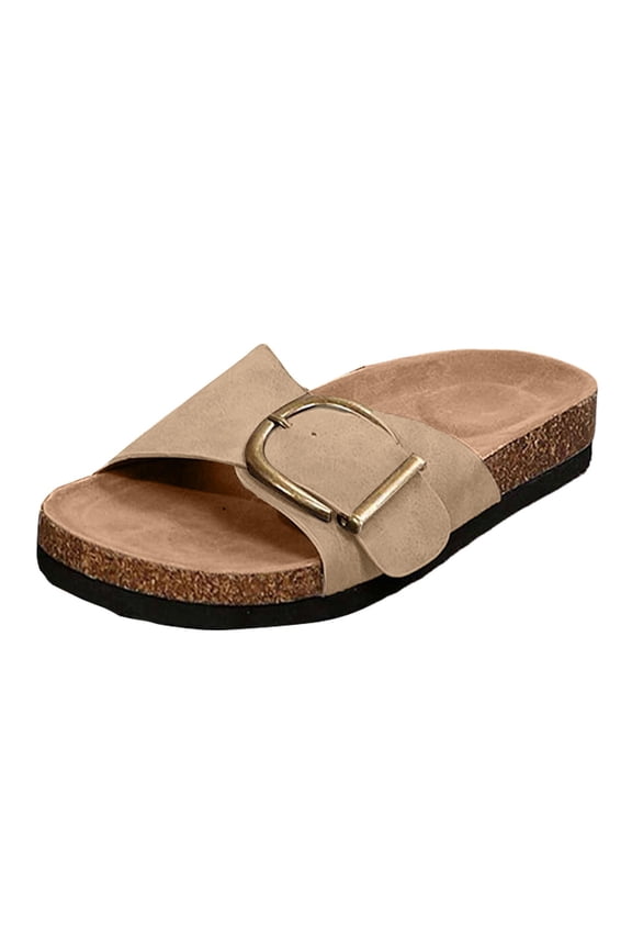 Women's Flat Slides with Cork Footbed Summer Casual Slip on Walking Sandals Ladies Open Toe Wide Width Outdoor Slide Shoes Grey Size 8.5