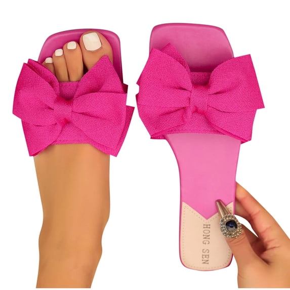 Women's Flat Slippers Bow Slide Slides Open Toe Slip On Summer Fashion Comfortable Breathable Shoes Hot Pink 9.5