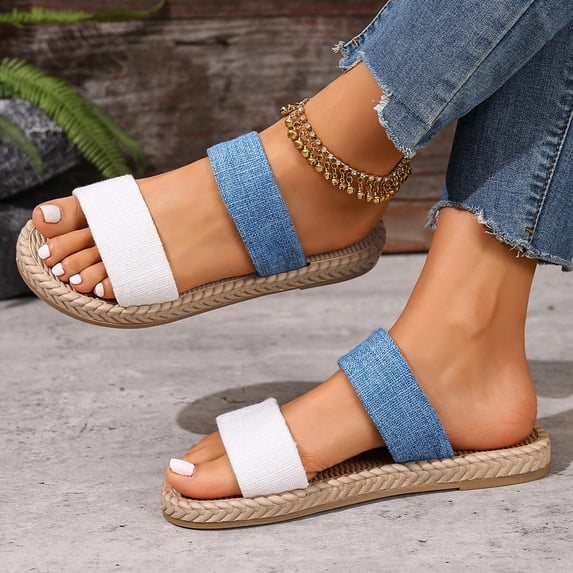 Women's Flat Slippers Casual Solid Slip On Sandals Summer Color-Blocked Versatile Round Toe Plus Size Shoes Outdoor Trendy Beach Sandals