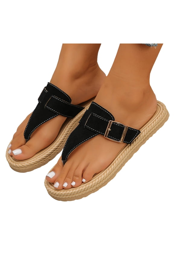 Women's Flat Thong Sandals Clip Toe Adjustable Buckle Strap Slip On Flip Flops Vintage T Straps Slide Shoes Black Size 6.5