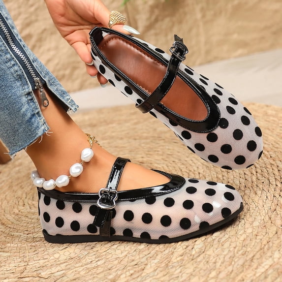 Women's Flats, Breathable Mesh Round Toe Ballet Flats with Polka Dot, Lightweight Casual Flat Shoes for Spring, Walking, and Commute