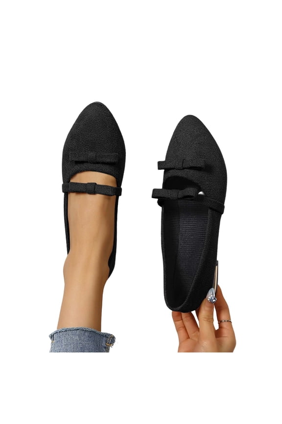 Women's Flats Pointed Toe Bow Knit Shoes Comfortable Dressy Suede Slip On Flat Lightweight Shallow Mouth Shoes