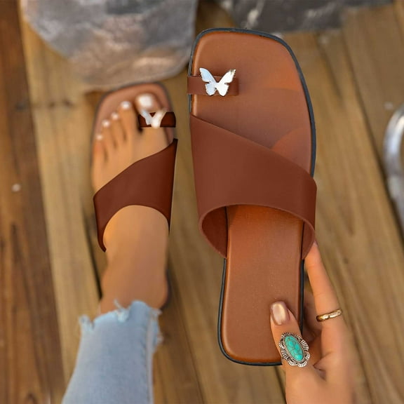 Women's Flats Sandals Fashion Bow Beach Sandals Casual Spring and Summer Slip Toe Slippers New Style Solid Color Flat Bottom Square Toe Sandals