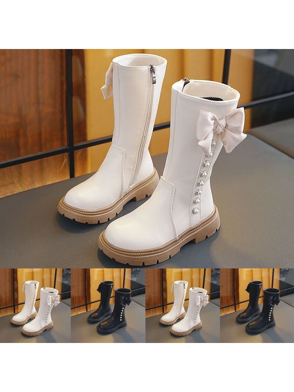 Women's Flats Shoes Ballet Flats Dress Shoes Cameland Girls' Solid Color Bow Mid-Calf Boots With Soft Sole For Fall And Winter Casual Zipper Boots Beige