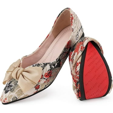 Women's Flats Shoes Pointed Toe Bow Embroidery Ballet Comfortable Dressy Slip On Flat