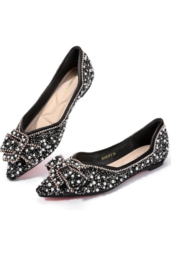 Women's Flats Shoes Rhinestone Pointed Toe Flats Comfort Low Wedge Dressy Flats Silver Bowknot Flats Light Weight Casual Ballet Shoes