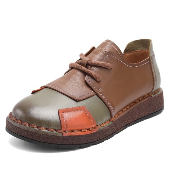 Women's Flats Shoes Round Toe Leather Loafers Shoes Non Slip Casual Retro Shoes Comfortable Slip-On Walking Shoes for Women