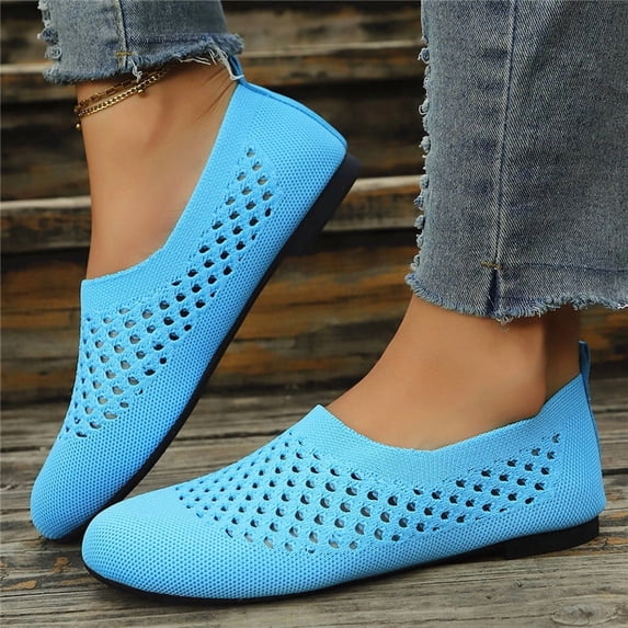 Women's Flats Shoes Summer Hollow Knitting Breathable Shoes Casual Solid Round Toe Slip-On Shoes