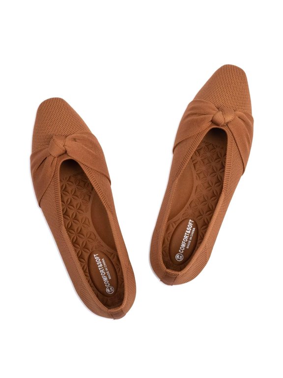 Women's Flats, Square Toe Foldable Flat Shoes with Bow & Arch Support, Soft Knit Slip-On Comfort for Travel, Work, Commuting