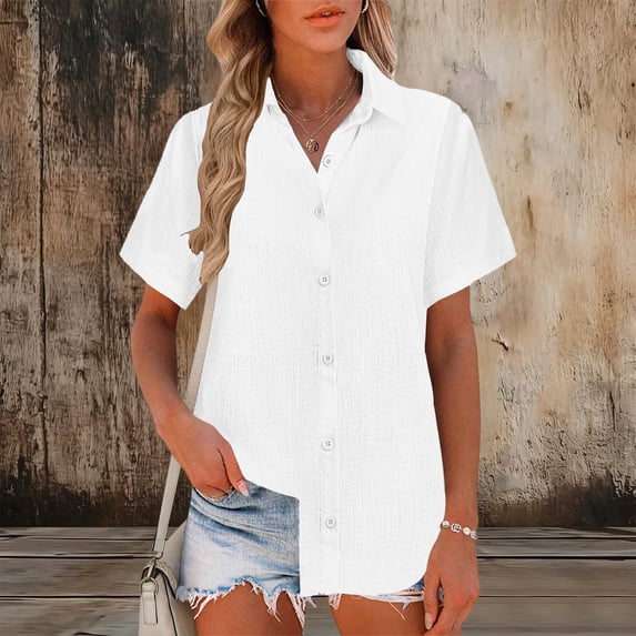 Women's Flax Plaid Flared Hem Short Sleeve Button-Up Shirt for Summer