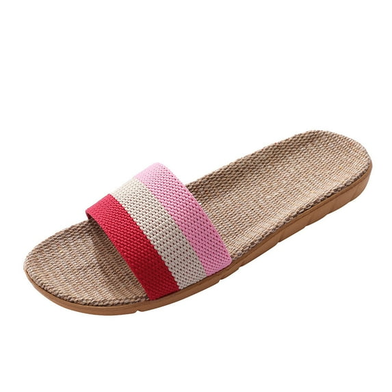 Women's Flax Slippers Dressy Summer Shoes Casual Slip On Slides Indoor Home Slippers Beach Shoes Open Toe Non-Slip House Flat Sandals Essentials Shoes US