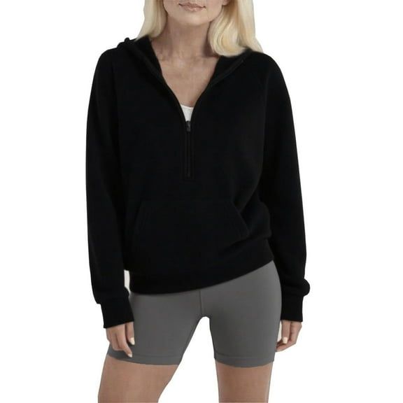 Women's Fleece 1/2 Zip Hoodie Pullover Sweater Tops Solid Warm Sherpa Fuzzy Hooded Crop Sweatshirt with Pocket (XL, Black)