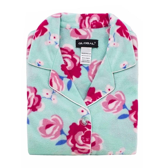 Women's Fleece 2 Piece Sleepwear Button Up Drawstring Waist Pajama Set (Blue Flower, L)