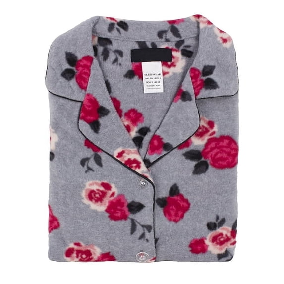 Women's Fleece 2 Piece Sleepwear Button Up Drawstring Waist Pajama Set (Grey Flower, S)