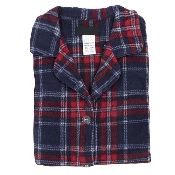 Women's Fleece 2 Piece Sleepwear Button Up Drawstring Waist Pajama Set (Plaid Navy Red, M)