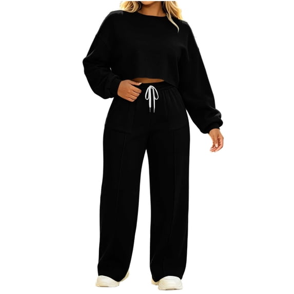 Women's Fleece 2 Piece Tracksuit Outfits Oversized Cropped Sweatshirt Wide Leg Sweatpants Workout Loungewear Fall Winter Jogging Outfit Black