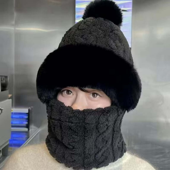 Women's Fleece Balaclava Hood, 3-in-1 Integrated Face Mask Neck Warmer and Beanie, Windproof Cold Weather Hood for Outdoor Running, Cycling, Skiing Black