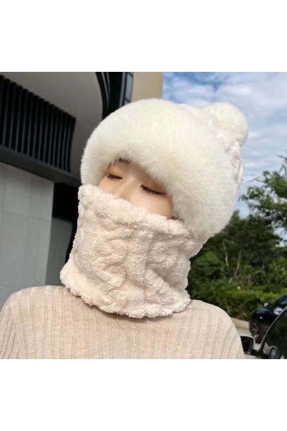 Women's Fleece Balaclava Hood, 3-in-1 Integrated Face Mask Neck Warmer and Beanie, Windproof Cold Weather Hood for Outdoor Running, Cycling, Skiing White1