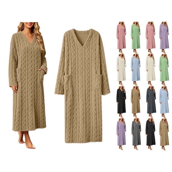 Women's Fleece Bathrobe V-Neck Long Sleeve Cable Knit Textured Robe with Pockets Cozy Homewear for Fall Winter
