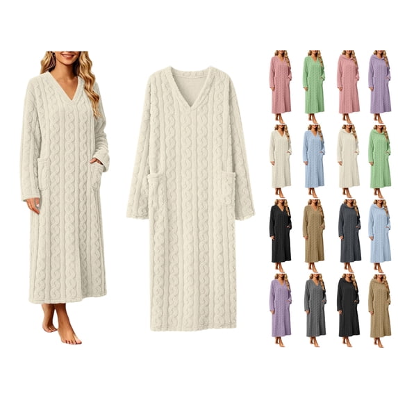 Women's Fleece Bathrobe V-Neck Long Sleeve Cable Knit Textured Robe with Pockets Cozy Homewear for Fall Winter