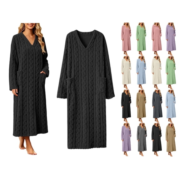 Women's Fleece Bathrobe V-Neck Long Sleeve Cable Knit Textured Robe with Pockets Cozy Homewear for Fall Winter