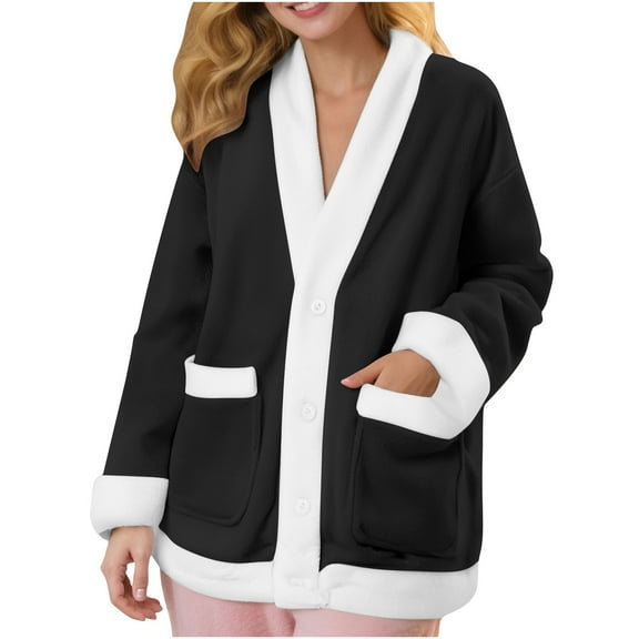 Women's Fleece Bed Jacket Button Front Long Sleeve Soft Fuzzy Jacket Pajama Tops Plush Sleepwear Coat Winter Loungewear with Pockets