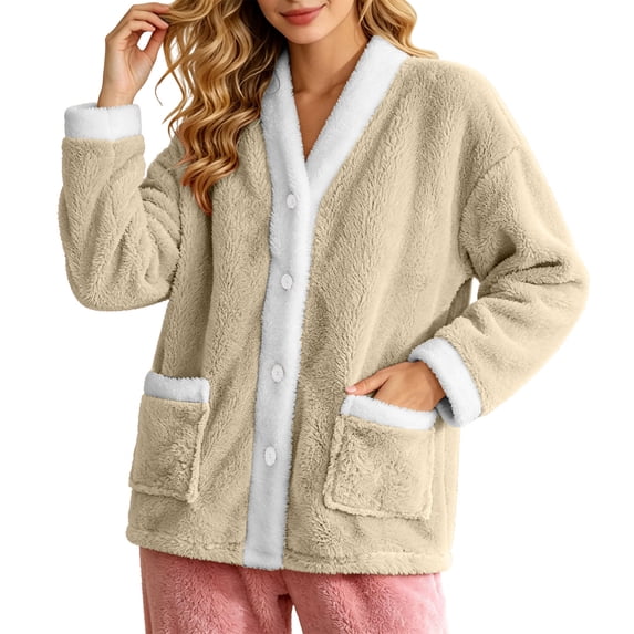 Women's Fleece Bed Jacket Button Front Long Sleeve Soft Fuzzy Jacket Pajama Tops Plush Sleepwear Coat Winter Loungewear with Pockets