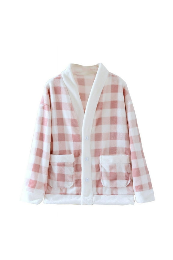 Women's Fleece Bed Jacket - Stylish Plaid Long Sleeves Button Front Pajama Tops V-Neck Soft Fuzzy Coat Loungewear