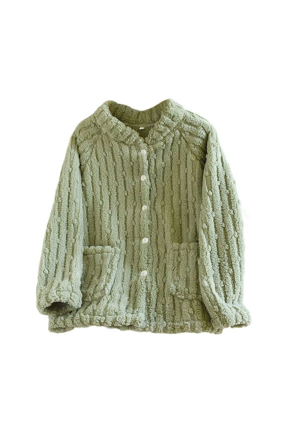 Women's Fleece Bed Jacket Winter Warm Fuzzy Pajama Tops Button Down Jacquard Sleepwear Plush Bed Coat Loungewear with Pockets