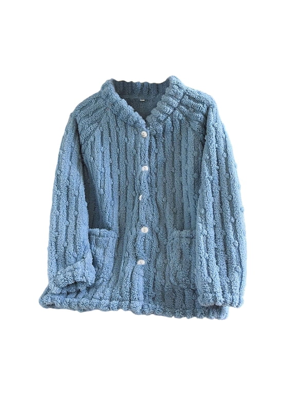 Women's Fleece Bed Jacket Winter Warm Fuzzy Pajama Tops Button Down Jacquard Sleepwear Plush Bed Coat Loungewear with Pockets