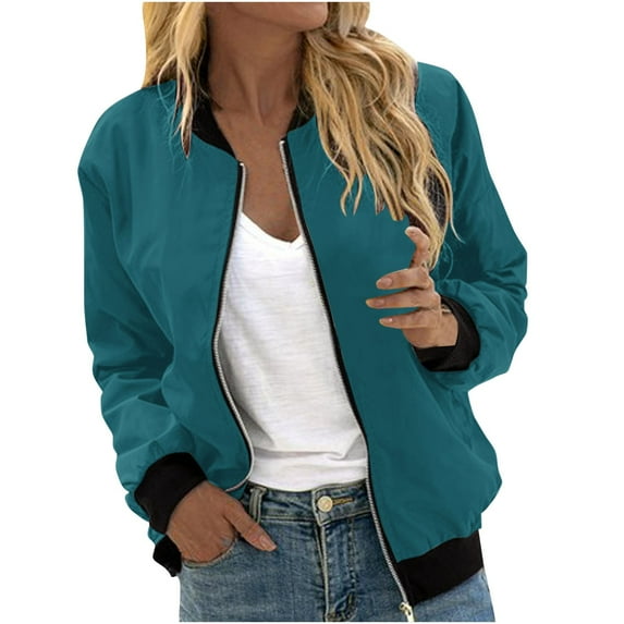 Women's Fleece Bomber Jacket Casual Full Zip Up Long Sleeve Coat Color Block Lightweight Fashion Outerwear with Pockets