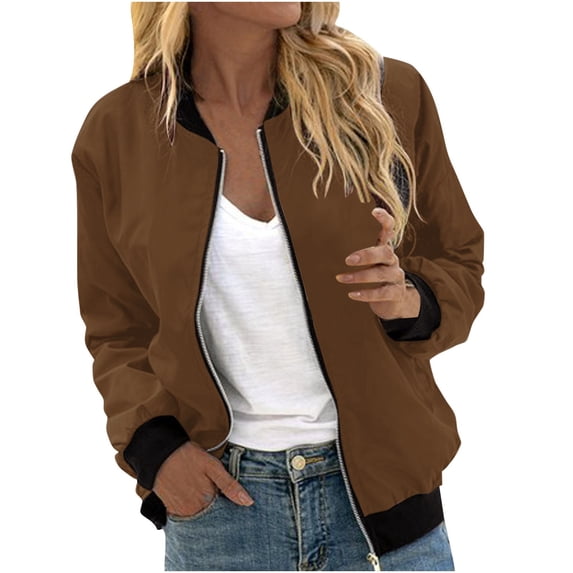 Women's Fleece Bomber Jacket Casual Full Zip Up Long Sleeve Coat Color Block Lightweight Fashion Outerwear with Pockets