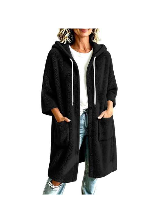Women's Fleece Cardigan Hooded Drawstring Button Down 3/4 Sleeve Long Coat Thermal Casual Oversized Jacket With Pockets (S, Black)