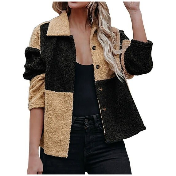 Women's Fleece Casual Lapel Shacket Jacket Color Block Sherpa Patchwork Button Up Shirt Coats Loose Fit Comfy Outwear