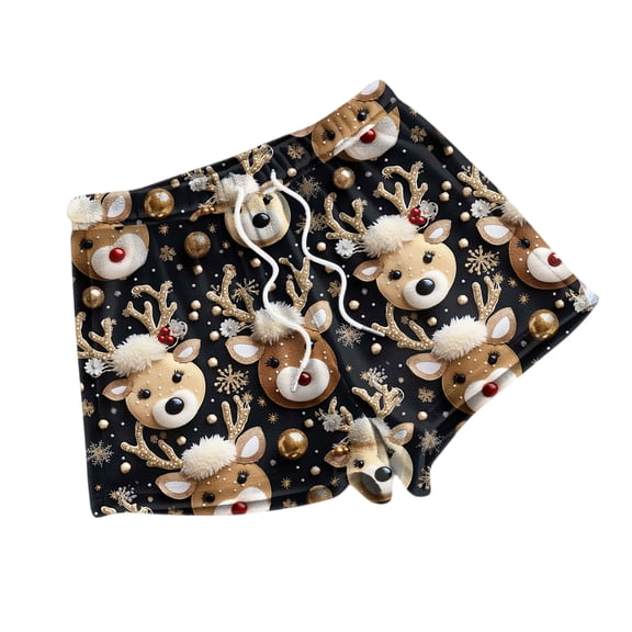 Women's Fleece Christmas Print Pajama Shorts - Fashionable Loose-Fit Casual Sleepwear, Black Size L