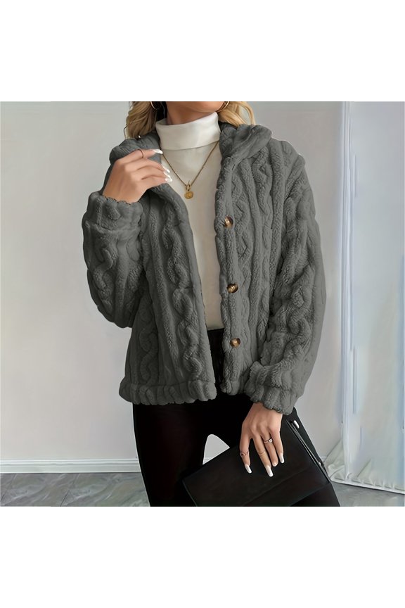 Women's Fleece Coat, Cable Knit Pattern Soft Warm Winter Jacket, Stand Collar Button Front for Casual Daily Wear and Cold Weather Protection-Dark Gray