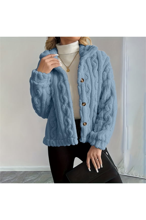 Women's Fleece Coat, Cable Knit Pattern Soft Warm Winter Jacket, Stand Collar Button Front for Casual Daily Wear and Cold Weather Protection-Blue