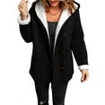 thumbnail image 1 of Women's Fleece Collar Long Sleeve Hooded Button-Down Jacket with Pockets Black XL, 1 of 7