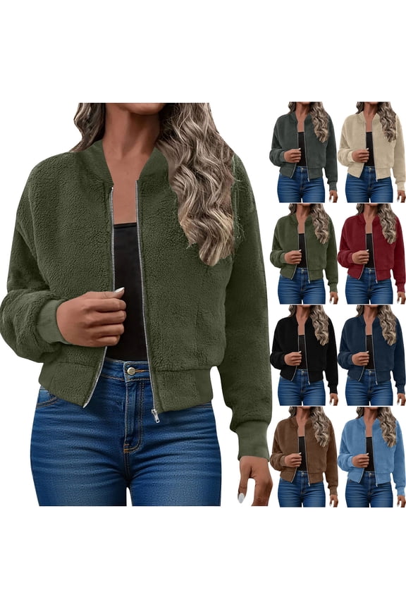 Women's Fleece Cropped Button Down Jacket Coat Crew Neck Outerwear Casual Fall Fashion Trendy Warm Cozy Gift for Women | CSEONE,Army Green XL