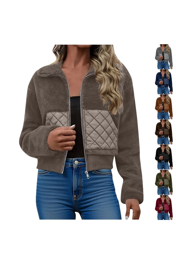 Women's Fleece Cropped Button Down Jacket Crew Neck Coat Outerwear Casual Fall Fashion Trendy Cozy Warm | CSEONE,Black L