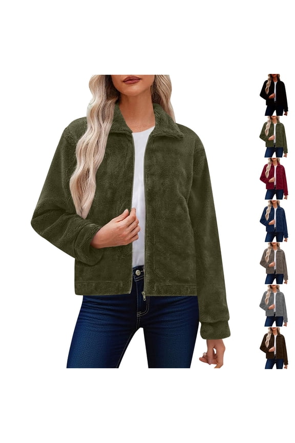 Women's Fleece Cropped Jacket Coat Outerwear Zipper Turn Down Collar Casual Fall Fashion Trendy Warm Cozy Winter Gift | CSEONE,Army Green XL
