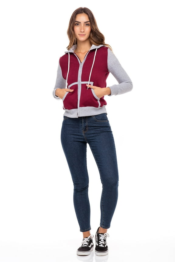 Women's Fleece Full Zip Hoodie Sweatshirt Ladies Classic Fit Long-Sleeve Jackets Gray Arm Maroon XL