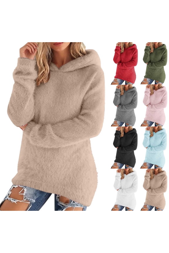 Women's Fleece Fuzzy Sweaters Long Sleeve Loose Hooded Pullover Tops Warm Thermal Casual Winter Fashion | CSEONE,Red XL
