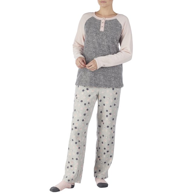 Women's Fleece Henley pajama top with pant and sock 3Piece Giftable