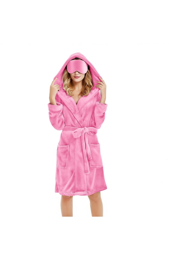 Women's Fleece Hooded Bath Robe with Eye Mask Plush Soft Bathrobe Warm Lounge Sleepwear Robe with Pockets Gift for Mom Wife