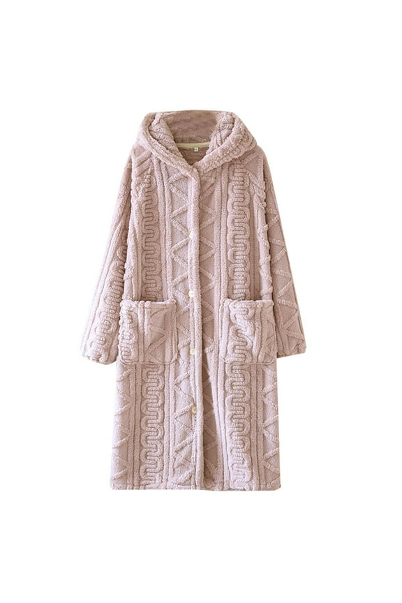 Women's Fleece Hooded Bathrobe Soft Plush Button Knee Lenght Spa Robe Fluffy Cozy Shower Bathrobes with Pockets M-XL