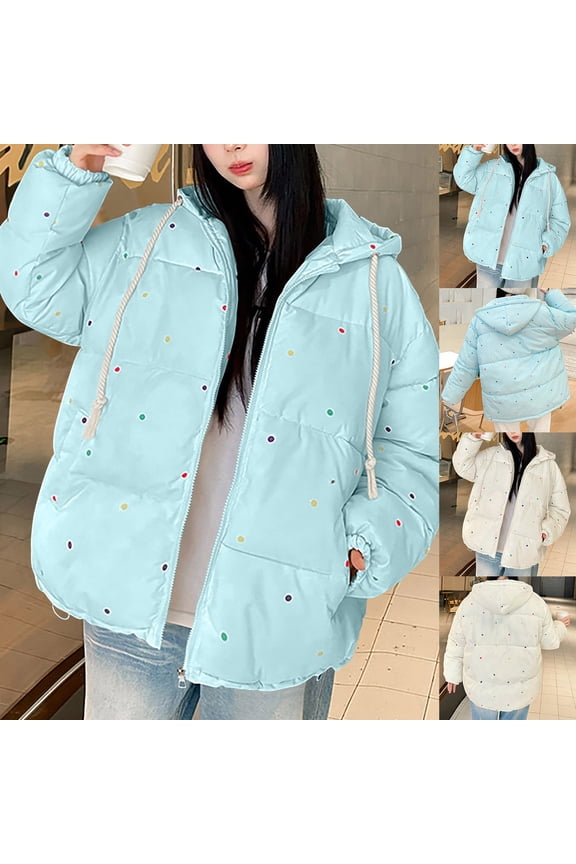 Women's Fleece Hooded Jacket with Polka Dot Pockets Long Sleeve Casual Padded Coat for Women Tops Outerwear Coats Solid Color Warm Thickened for Daily Wear Travel Loungewear Fashion Essential Gift