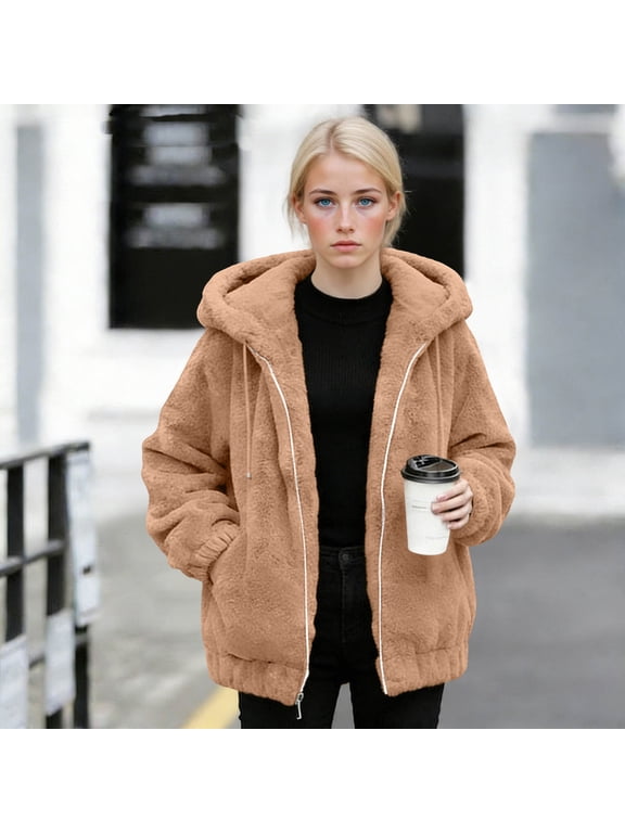 Women's Fleece Hooded Jackets, Sherpa Plush Hoodies Winter Fuzzy Warm Full Zip Coat Cozy Teddy Outerwear Hoodie with Pockets