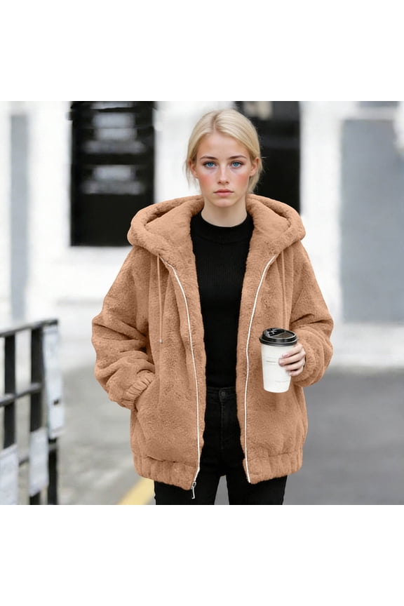 Women's Fleece Hooded Jackets, Sherpa Plush Hoodies Winter Fuzzy Warm Full Zip Coat Cozy Teddy Outerwear Hoodie with Pockets