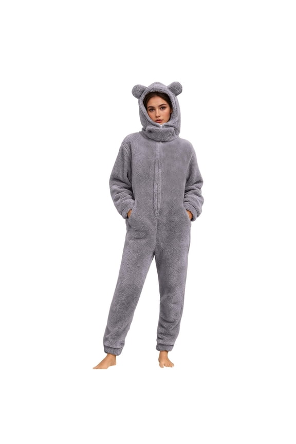 Women's Fleece Hooded Jumpsuit - Warm Zipper Sleepwear Romper With Pockets, Gray Size S